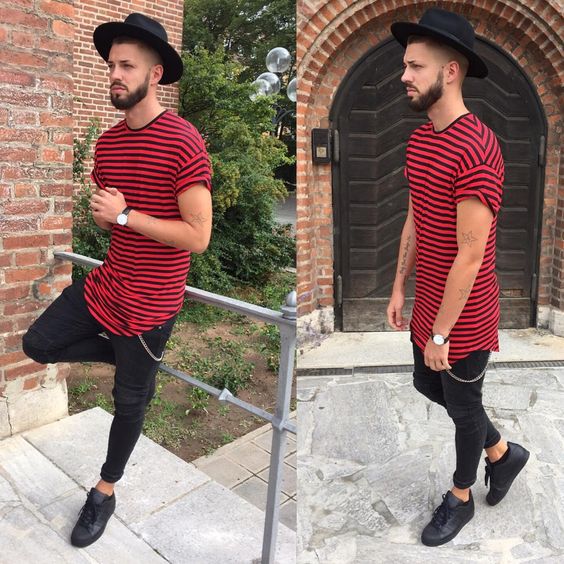 Camisa vermelha online e calça preta